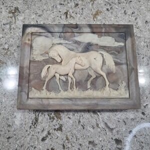 Vintage 1975 Incolay Studios Mare and Foal Stone Jewelry Box Equestrian Decor